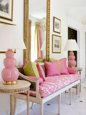 Glamorous living - Pink and green sofa and mirror.jpg
